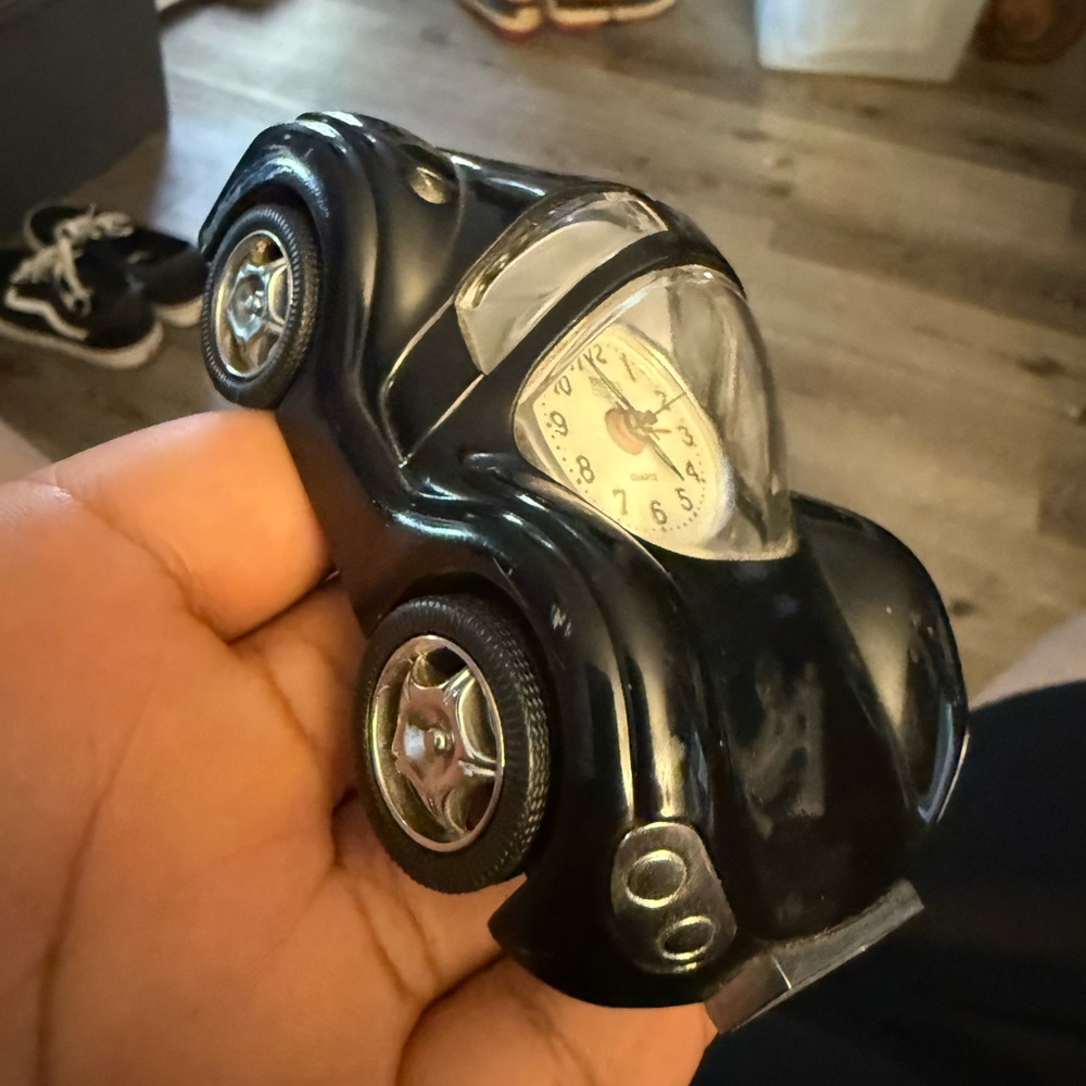 Vintage Black Car Clock with Silver Details